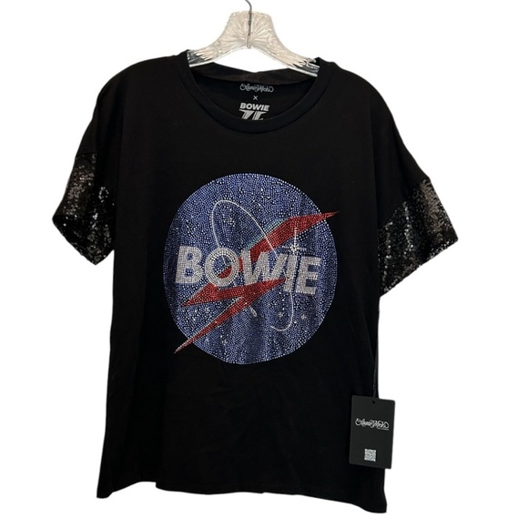 NWT Revolve Lauren Moshi crystal and sequin Black Bowie Graphic T-Shirt - Picture 2 of 6